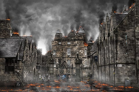 people, beside, burning, castle, armageddon, war, apocalypse, destruction, explosion, disaster, atomic, nuclear, building, catastrophe, apocalyptic, nuke, hell, architecture, building exterior, built structure, smoke - physical structure, city, group of people, incidental people, crowd, outdoors, nature, motion, real people, adult, medium group of people, religion, night, place of worship, digital composite, pollution, 5K, CC0, public domain, royalty free