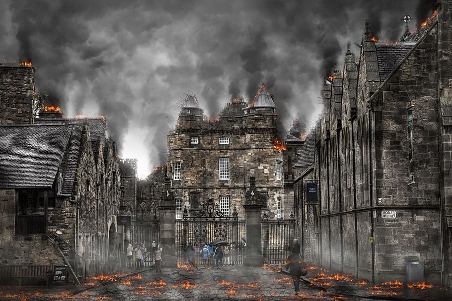 people, beside, burning, castle, armageddon, war, apocalypse, destruction, explosion, disaster, atomic, nuclear, building, catastrophe, apocalyptic, nuke, hell, architecture, building exterior, built structure, smoke - physical structure, city, group of people, incidental people, crowd, outdoors, nature, motion, real people, adult, medium group of people, religion, night, place of worship, digital composite, pollution, 5K