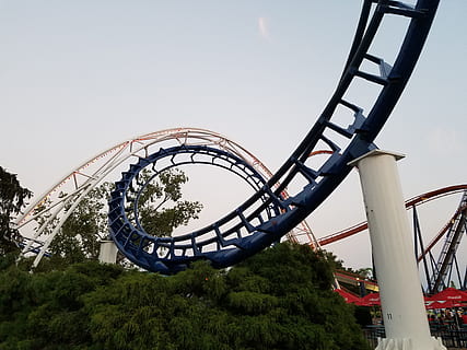 park, summer, amusement, rollercoaster, amusement park ride, amusement park, sky, low angle view, nature, arts culture and entertainment, day, architecture, ferris wheel, leisure activity, built structure, tree, plant, metal, no people, clear sky, outdoors, circle, ride, fairground, 4K, CC0, public domain, royalty free