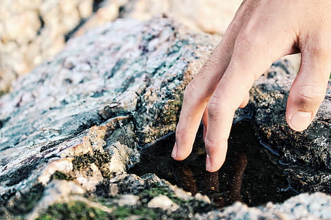 rock, aigua, reflexió, mà, naturalesa, mà humana, part del cos humà, una persona, enfocament selectiu, part del cos, dit humà, dit, primer pla, dia, sòlid, a l'aire lliure, tocar, persona irreconeixible, rock - object, terra, estils de vida, 4K, CC0, domini públic, lliure de regalies