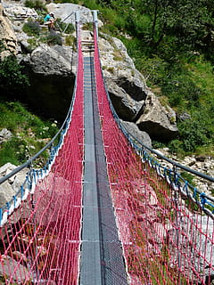 Suspension Bridge, bridge, crossing, river, rope bridge, ropes, stretched, depend, away, bridge construction, shaky, red, nature, bridge - Man Made Structure, outdoors, mountain, rope, scenics, landscape, no People, forest, footpath, hiking, day, tree, plant, built structure, connection, architecture, footbridge, the way forward, direction, transportation, travel destinations, low angle view, 4K, CC0, public domain, royalty free