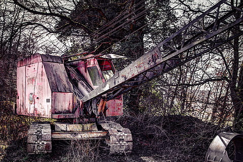 roestvrij, ijzer, roestig, oud, bouwmachine, graafmachines, wrak, boom, verlaten, fabriek, verouderd, beschadigde, oververmoeid, kale boom, natuur, architectuur, ingebouwde structuur, geen mensen, dag, verslechtering, afwijzen, tak, buitenshuis, Bos, verweerde, land-, geruïneerd, gesloopt, 5K, CC0, publiek domein, royaltyvrij