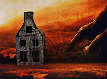 cupo, umore, foresta, Casa, Palazzo residenziale, notte, vecchio, corri giù, abbandonato, cattiva condizione, struttura costruita, architettura, esterno dell'edificio, colore arancione, natura, tramonto, cielo, costruzione, religione, credenza, nessuno, spiritualità, terra, luogo di culto, all'aperto, paesaggio, nuvola - cielo, campo, 5K, CC0, dominio pubblico, privo di copyright
