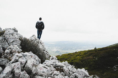 man, standing, mountain edge, mountain, edge, hiking, nature, outdoors, men, one Person, adventure, adult, time Of Day, adults Only, one Man Only, color Image, day, image Type, image Technique, scenics, people, landscape, rock - Object, copy Space, extreme Terrain, rear view, only men, real people, leisure activity, beauty in nature, rock, solid, scenics - nature, lifestyles, sky, full length, vacations, tranquility, looking at view, at the edge of, 4K, CC0, public domain, royalty free