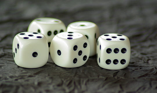 five dice, of, game, random, dice, gambling, luck, arts culture and entertainment, leisure games, relaxation, leisure activity, opportunity, close-up, table, cube shape, group of objects, spotted, leisure equipment, still life, indoors, game of chance, no people, selective focus, number, 2K, CC0, public domain, royalty free
