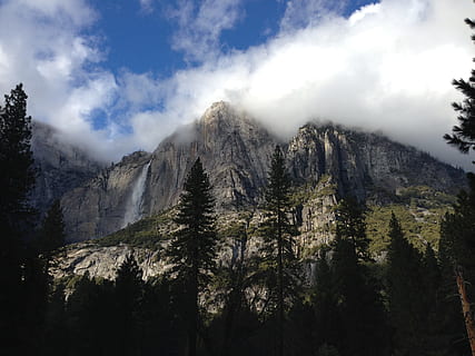 montagna, nebbia, giorno, fotografia di paesaggio, circondato, alberi, montagna grigia, nube, foresta, albero, natura, paesaggio, Paesaggi, all'aperto, Parco Nazionale Yosemite, catena montuosa, nessuno, cielo, terreno estremo, roccia - oggetto, bellezza nella natura, la neve, immagine a colori, Pino, nuvola - cielo, pianta, scenics - natura, scena tranquilla, ambiente, la tranquillità, terra, scena non urbana, albero di conifere, formazione, picco di montagna, bosco di pini, 2K, CC0, dominio pubblico, privo di copyright