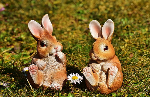 two, squirrel figurines, grass field, easter, happy easter, easter bunny, decoration, greeting card, funny, spring, deco, rabbit - animal, animal, mammal, grass, plant, nature, animal themes, celebration, animal representation, representation, no people, holiday, easter egg, close-up, domestic animals, egg, focus on foreground, springtime, outdoors, 5K, CC0, public domain, royalty free