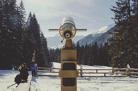cold, forest, landscape, mountain, outdoors, resort, scenic, snow, telescope, trees, winter, woods, cold temperature, tree, plant, nature, real people, sky, day, beauty in nature, clothing, men, land, covering, scenics - nature, warm clothing, leisure activity, 4K, CC0, public domain, royalty free