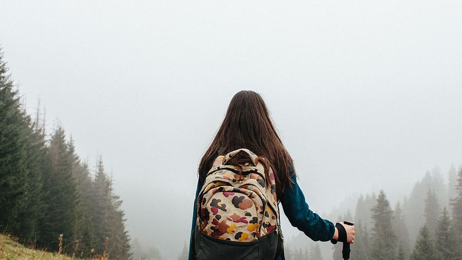 freddo, natura, persona, donna, vista posteriore, zaino, sfocatura, avvicinamento, ambiente, messa a fuoco, nebbioso, foresta, ragazza, cupo, idilliaco, signora, oscuro, ricreazione, panoramico, tranquillo, viaggio, alberi, boschi, attività di svago, retrovisore, una persona, stili di vita, albero, vacanza, vacanze, adulto, copia spazio, dalla vita in su, donne, giorno, pianta, inverno, capelli, acconciatura, bosco di pini, vestiti caldi, all'aperto, Pino, arto umano, 5K