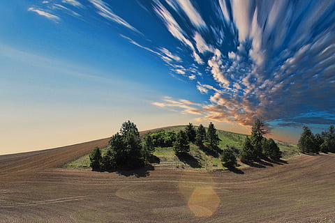 Grün, blätterte, Bäume, Wüste, Wald tagsüber, Wolke, Himmel, Landwirtschaft, Baum, Landschaft, Natur, Hügel, Sonnenaufgang, Sonnenuntergang, Anbau, Bauernhof, konturiertes Land, Umgebung, Pflanze, Szenen - Natur, Land, wolke - himmel, Schönheit in der Natur, Ruhe, ruhige Szene, keine Leute, Blau, ländliche Szene, Nicht-städtische Szene, Straße, Feld, Sonnenlicht, draußen, 2K, CC0, gemeinfrei, lizenzfrei