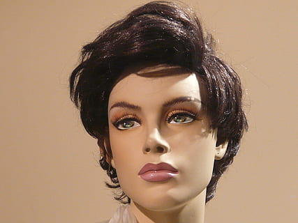 female, mannequin, short, hair, doll, display dummy, face, portrait, fashion, profile, hairstyle, woman, headshot, young adult, beauty, women, adult, one person, make-up, looking at camera, beautiful woman, body part, human body part, indoors, studio shot, close-up, front view, human face, glamour, beige background, human lips, 1080P, CC0, public domain, royalty free