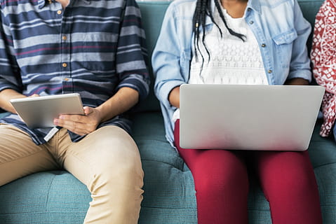person, using, silver laptop computer, tablet computer, boy, break, browsing, casual, computer, couch, cropped, digital devices, electronic, female, image, gadget, girl, guy, holding, laptop, learning, legs, leisure, male, man, pastime, people, relaxing, research, searching, sitting, sofa, students, studying, tablet, technology, touch screen, typing, woman, young, wireless technology, communication, connection, computer network, adult, internet, digital tablet, women, using laptop, indoors, using computer, portability, two people, social networking, surfing the net, e-learning, teenager, 5K, CC0, public domain, royalty free