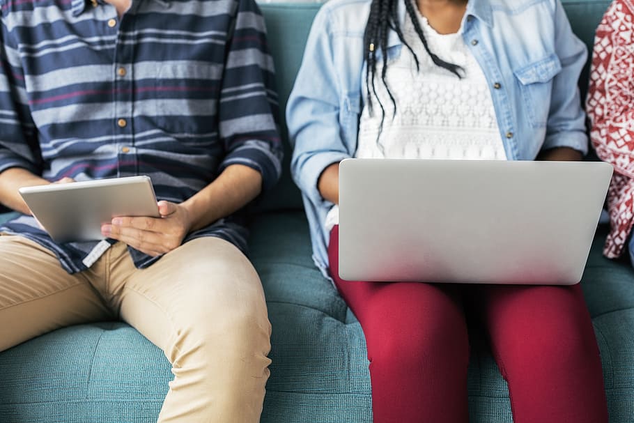 person, using, silver laptop computer, tablet computer, boy, break, browsing, casual, computer, couch, cropped, digital devices, electronic, female, image, gadget, girl, guy, holding, laptop, learning, legs, leisure, male, man, pastime, people, relaxing, research, searching, sitting, sofa, students, studying, tablet, technology, touch screen, typing, woman, young, wireless technology, communication, connection, computer network, adult, internet, digital tablet, women, using laptop, indoors, using computer, portability, two people, social networking, surfing the net, e-learning, teenager, 5K
