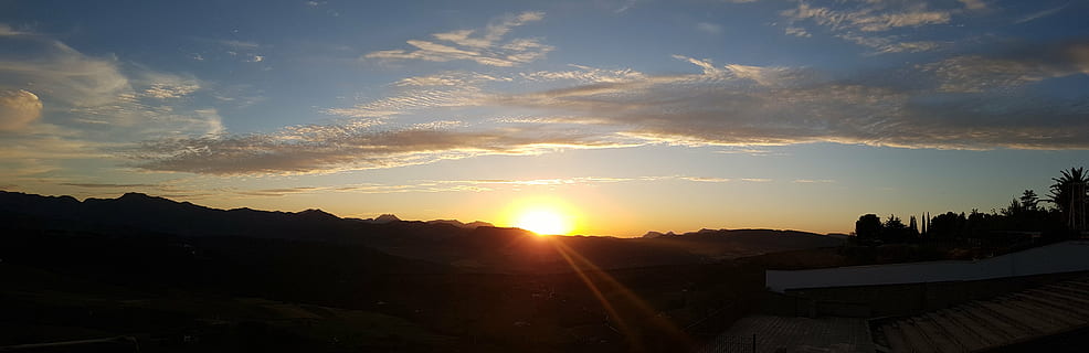 round, panoramic, sunset, clouds, sky, rays, make, mountain, viewpoint, sunlight, sun, cloud - sky, scenics - nature, nature, beauty in nature, environment, architecture, landscape, tranquility, lens flare, silhouette, morning, sunbeam, tranquil scene, no people, building exterior, outdoors, bright, cityscape, 5K, CC0, public domain, royalty free