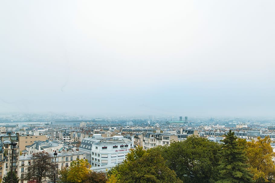 Paris, Stadt, Konstruktion, Gebäude, Haus, Landschaft, Stadtbild, die Architektur, keine Leute, Tag, Baum, Gebäudehülle, gebaute Struktur, Pflanze, Nebel, Himmel, Natur, Wohngegend, High Angle View, Reiseziele, kopieren sie platz, draußen, Smog, 5K