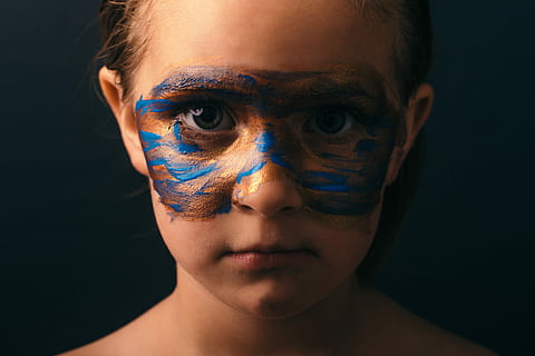 close, photo, girls, face paint, girl, blue, brown, paint, face, portrait, black background, headshot, one person, child, front view, childhood, human body part, human face, offspring, body part, males, men, looking at camera, studio shot, indoors, disguise, body paint, innocence, carnival - celebration event, 4K, CC0, public domain, royalty free