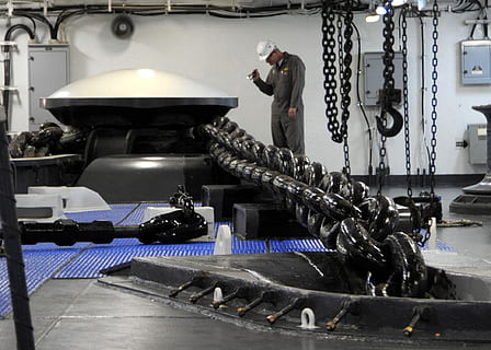 person, standing, black, steel chain, anchor, ship, man, inspecting, inspection, navy, chain, large, close-up, macro, working, business, indoors, occupation, industry, machinery, adult, metal, equipment, one person, real people, technology, men, preparation, factory, manufacturing equipment, mode of transportation, motion, unrecognizable person, steel, 1080P, CC0, public domain, royalty free