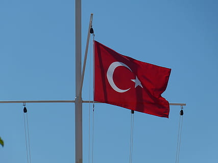 flag, blow, flutter, banner, turkey, mast, star, crescent, islamic, islam, turkish, sickle, red, patriotism, sky, clear sky, low angle view, wind, blue, nature, environment, no people, star shape, day, pole, shape, outdoors, waving, architecture, independence, national icon, 4K, CC0, public domain, royalty free