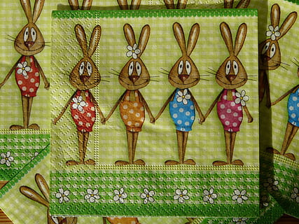 serviet, påske, påske serviet, Påske hare, påske bunny familie, fest, festival, dekoration, ingen mennesker, Kunst og håndværk, hængende, kreativitet, mønster, design, håndværk, murbygningsfunktion, dag, side om side, indendørs, i en række, multi farvet, blomstermønster, repræsentation, form, valg, træ - materiale, 2K, CC0, offentligt domæne, royaltyfrie
