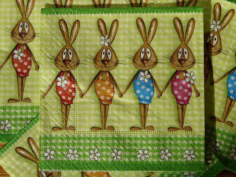 serviet, påske, påske serviet, Påske hare, påske bunny familie, fest, festival, dekoration, ingen mennesker, Kunst og håndværk, hængende, kreativitet, mønster, design, håndværk, murbygningsfunktion, dag, side om side, indendørs, i en række, multi farvet, blomstermønster, repræsentation, form, valg, træ - materiale, 2K