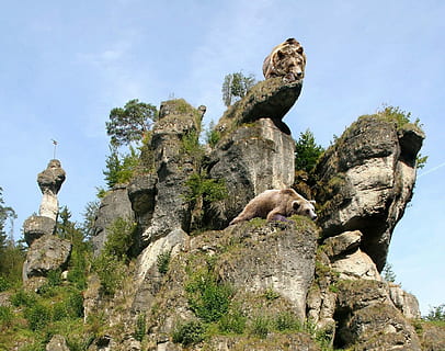 composició, processament d'imatges digitals, Photoshop, rock, pottenstein, vista d’angle baix, sòlid, rock - object, cel, dia, formació de roca, naturalesa, cap gent, planta, mamífer, arbre, animal, fauna animal, temes d'animals, a l'aire lliure, vertebrats, grup d’animals, arquitectura, terra, 1080P, CC0, domini públic, lliure de regalies