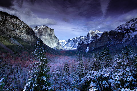 fotografie, hory, stromy, letecký, fotografování, zasněžené, les, mrak, strom, sníh, hora, led, yosemitu, zimní, údolí, rozsah, vodopád, zobrazení tunelu, nebe, Příroda, scenics - příroda, krása v přírodě, životní prostředí, pohoří, krajina, mrak - nebe, přistát, klidné scény, studená teplota, jehličnatého stromu, nikdo, rostlina, klid, borovice, venku, borové lesy, zasněžené hory, horský vrchol, 5K, CC0, veřejná doména, bez autorských práv