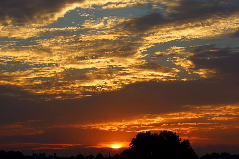 matahari terbenam, awan, langit, alam, musim panas, pemandangan, malam, Barat, matahari, merah, keemasan, suasana hati, awan - langit, keindahan di alam, scenics - alam, warna oranye, ketenangan, adegan yang tenang, bayangan hitam, idilis, tidak ada orang, pohon, langit yang dramatis, sinar matahari, menanam, tampilan sudut rendah, di luar rumah, adegan non-urban, perasaan kagum, langit romantis, 1080P