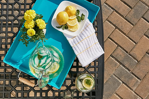 Blau, Geschirrtablett, schwarz, Stahltisch, Erfrischung, Tablett, Wasser, Tabelle, Zitrone, Blumen, Getränk, gesund, frisch, cool, Flüssigkeit, Obst, High Angle View, Lebensmittel, Essen und Trinken, Frische, gesundes Essen, Zitrusfrucht, Wohlbefinden, keine Leute, Haushaltsausstattung, Trinkglas, Glas, Stillleben, direkt darüber, Genuss, Scheibe, Natur, Teller, draußen, Versuchung, 4K, CC0, gemeinfrei, lizenzfrei