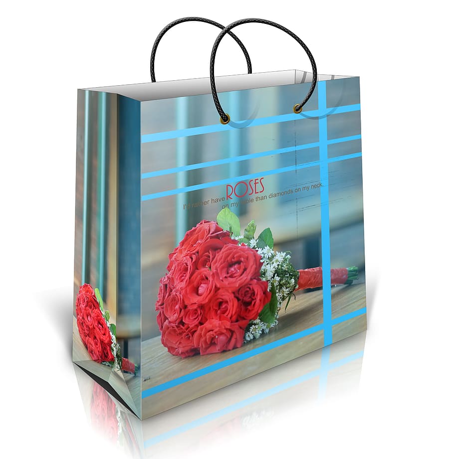 Papier-, Tasche, Design, kreativ, Probe, Blume, Rose, blühende Pflanze, Pflanze, Schönheit in der Natur, Frische, drinnen, Natur, weißer Hintergrund, rot, keine Leute, Nahansicht, Studioaufnahme, Stillleben, pinke Farbe, Glas - Material, Anordnung, Container, Verletzlichkeit, Blütenkopf, Blumenschmuck, Strauß, Blumenstrauß, 2K