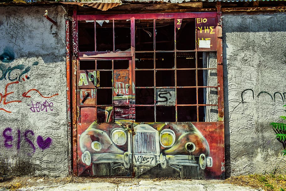brána, rezavý, grunge, rozpad, zvětralý, starý, zeď, graffiti, zkorodované, koroze, letitý, volos, Řecko, stavba, exteriér budovy, architektura, okno, nikdo, opuštěný, den, budova, poškozen, zhoršení, pokles, zastaralý, venku, run-down, sklo - materiál, nástěnný prvek, chaotický, 5K