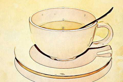 Teetasse, Untertasse, Teelöffel Illustration, Digital, Grafik, Becher, Tasse, Löffel, Tee, aktualisieren, Küchenutensilien, laichen, Getränk, Kaffee, keine Leute, Nahansicht, drinnen, Pfefferminztee, Tag, Haushaltsausstattung, Essen und Trinken, Frische, Gelb, gesundes Essen, Tabelle, Lebensmittel, High Angle View, Stillleben, Metall, einzelnes Objekt, Retro-Stil, Glas, Wohlbefinden, Studioaufnahme, Geschirr, aufwendig, 2K, CC0, gemeinfrei, lizenzfrei