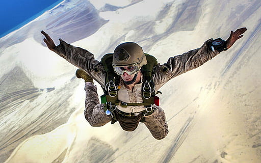 person diving, skydiving, jump, falling, parachuting, military, training, high, people, parachute, flight, sky, airplane, fall, marine, usa, extreme Sports, armed Forces, mountain, sport, snow, one person, winter, cold temperature, nature, leisure activity, day, helmet, motion, adult, mountain range, flying, headwear, shadow, adventure, outdoors, human arm, 1080P, CC0, public domain, royalty free