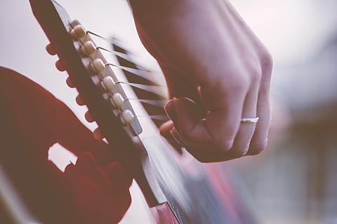 person playing guitar, guitar, hand, ring, red, shadow, music, singing, love, happiness, wedding, musical instrument, human body part, one person, arts culture and entertainment, close-up, musician, human hand, adult, indoors, artist, performance, body part, skill, musical equipment, young adult, playing, day, finger, 1080P, CC0, public domain, royalty free