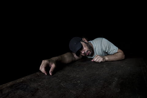 man, wearing, gray, shirt, lying, floor, lowkey, sleep, portrait, dark, dream, young, adult, copy space, one person, black background, shirtless, indoors, men, headshot, studio shot, sport, mid adult, young adult, strength, lifestyles, determination, healthy lifestyle, effort, chest, 4K, CC0, public domain, royalty free
