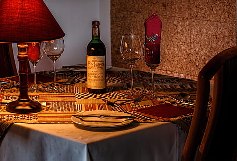 wine bottle, wine glasses, table lamp, square table, dinner table, restaurant, dining, place setting, eating out, romantic, lighting, wine, celebration, elegant, food, glass, table, food and drink, drinking glass, drink, household equipment, wineglass, refreshment, alcohol, indoors, lighting equipment, bottle, setting, furniture, no people, business, absence, electric lamp, luxury, red wine, crockery, 5K, CC0, public domain, royalty free