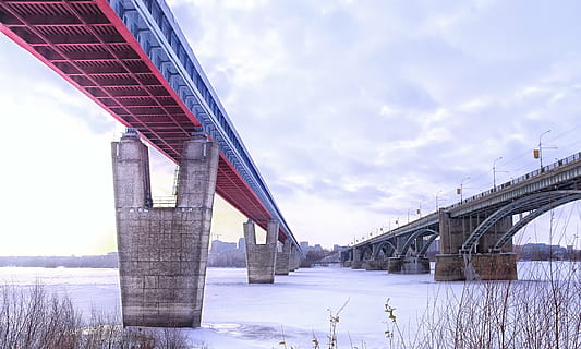 bro, flod, vinter, is, kaj, landskab, stål, på broen, prestigebyggeri, skyer, Rusland, bro - menneskeskabt struktur, forbindelse, ingeniørarbejde, viadukt, bygget struktur, arkitektur, transportmidler, vej, himmel, vand, sky - himmel, natur, dag, kold temperatur, lav vinkel visning, udendørs, bue bro, 4K, CC0, offentligt domæne, royaltyfrie