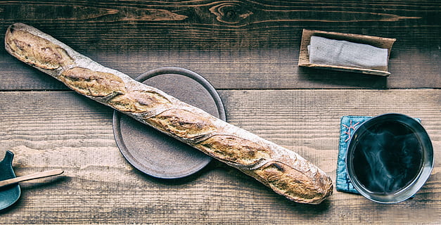 rustique baguette, baguette, bread, coffee, cup, french, rustique, wood, wood - Material, old-fashioned, old, table, retro Styled, no People, brown, fashion, indoors, close-up, day, still life, shoe, high angle view, personal accessory, directly above, food and drink, container, pair, equipment, food, freshness, group of objects, gardening, 4K