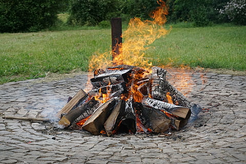 campfire, fire, burn, flame, wood fire, hot, burning, fire - natural phenomenon, nature, heat - temperature, firewood, log, wood, day, wood - material, bonfire, outdoors, no people, grass, fireplace, tree, plant, fire pit, inferno, 5K, CC0, public domain, royalty free