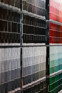 colour samples, Wall, colour, samples, design, paint, sample, palette, no People, shelf, backgrounds, indoors, full frame, architecture, selective focus, close-up, building, metal, large group of objects, in a row, built structure, day, pattern, domestic room, warehouse, arrangement, 2K, CC0, public domain, royalty free