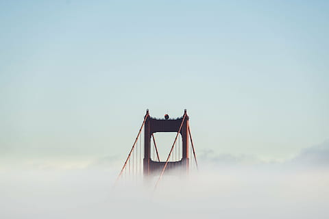 red, metal bridge, surrounded, clouds, architecture, bridge, infrastructure, blue, sky, fog, cold, weather, water, nature, no people, copy space, day, wedding, outdoors, connection, sea, tranquility, love, emotion, togetherness, positive emotion, scenics - nature, 5K, CC0, public domain, royalty free