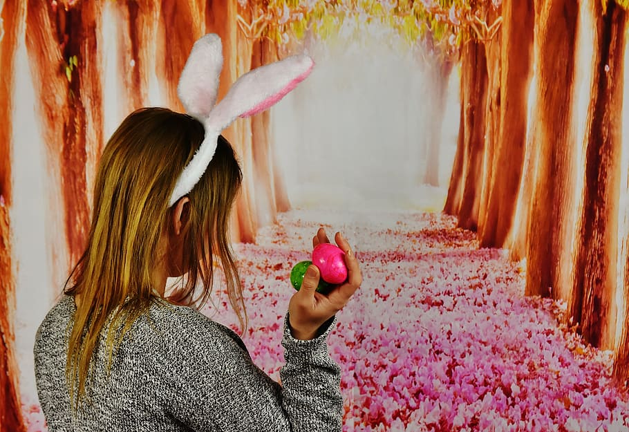 dona, celebració, ou, portar, orella del conill, Pasqua, noia, orelles de conill, conill de Pasqua, Feliç Pasqua, salutacions de pasqua, primavera, ous de Pasqua, vista del darrere, una persona, a l'interior, cortina, dia, dones, cabell ros, una sola dona, gent, adult, persones reals, pentinat, cabell llarg, cabell, estils de vida, color rosa, noies, activitat d'oci, un animal, roba casual, mamífer, femelles, fauna animal, a l'aire lliure, 5K