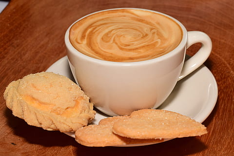 latte, ceramic, teacup, three, pastries, white, saucer, brown, wooden, surface, coffee, bread, cup, food, breakfast, morning, restaurant, diet, eating, cafe, coffee cup, sweet, milk, beverage, food and drink, coffee - drink, mug, refreshment, drink, cappuccino, baked, hot drink, close-up, frothy drink, freshness, cookie, still life, sweet food, meal, crockery, no people, snack, baked pastry item, temptation, caffeine, 5K, CC0, public domain, royalty free