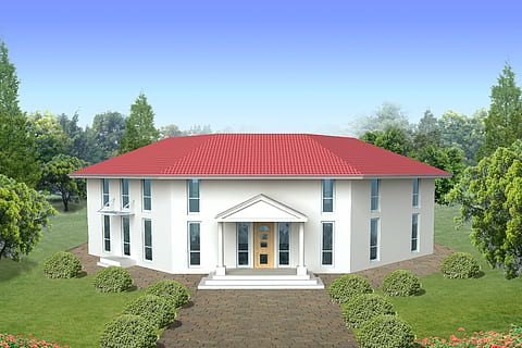 single family home, villa, rendering, visualization, architecture, visualization 3d, architectural visualization, landscape, building, cgi, built structure, plant, tree, building exterior, sky, nature, no people, clear sky, day, house, red, green color, window, residential district, footpath, outdoors, roof, grass, 2K, CC0, public domain, royalty free