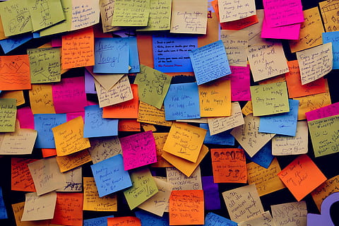 assorted-color post, lot, post it notes, sticky notes, note, notice board, bulletin board, communication, attach, colorful, text, no people, hanging, non-western script, script, multi colored, full frame, adhesive note, message, wall - building feature, abundance, paper, western script, large group of objects, belief, backgrounds, wood - material, reminder, note - message, 5K, CC0, public domain, royalty free
