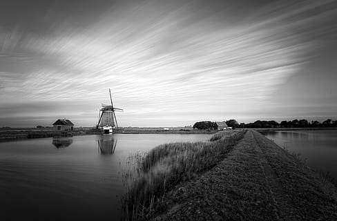 lang eksponering, vindmølle, arkitektur, himmel, skyer, mølle, Texel, landskab, gamle vindmølle, sort og hvid, Dam, diget, vand, alternativ energi, sky - himmel, vindkraft, udendørs, ro, natur, brændstof og elproduktion, vedvarende energi, miljø, turbine, traditionel vindmølle, miljøbeskyttelse, landlige scene, ingen mennesker, scenics - natur, landbrug, kanal, 5K, CC0, offentligt domæne, royaltyfrie