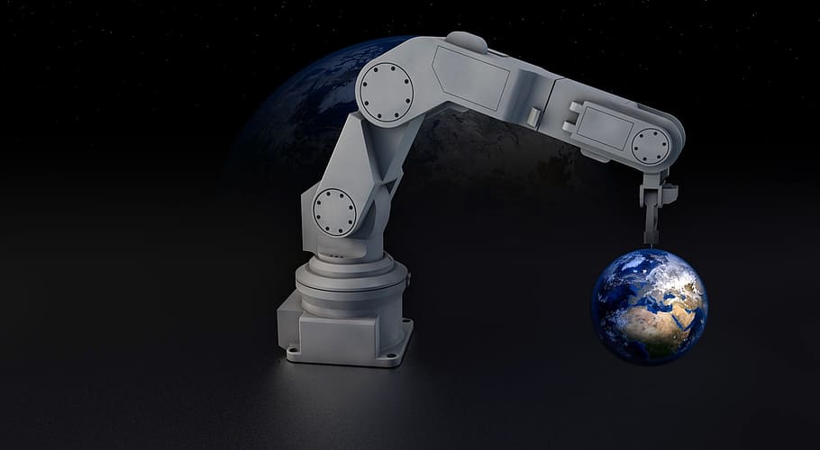 blanc, robotique, bras, en portant, lampe de terre, robot, bras de robot, Terre, globe, machine, sculpture, simulation, la programmation, modèle, animation, fabrication, cybernétique, partie machine, modèle 3D, La technologie, fond noir, personne, futuriste, à l'intérieur, représentation, représentation humaine, prise de vue en studio, en trois dimensions, cyborg, métal, objet unique, planète - espace, Bras robotique, science, environnement, machinerie, la communication, chrome, couleur argentée, 1080P