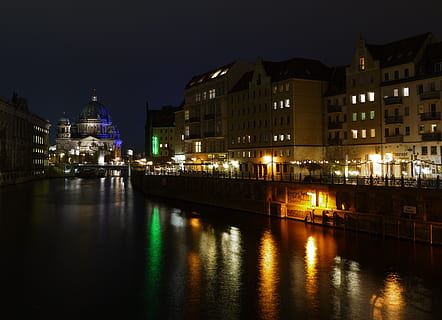 river, spree, berlin, capital, city, architecture, night, docks, building exterior, built structure, illuminated, reflection, water, building, waterfront, sky, no people, nature, travel destinations, city life, transportation, outdoors, 2K, CC0, public domain, royalty free