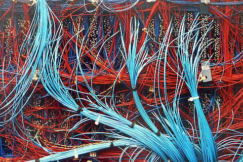 computer, cable, technology, data, digital, electronic, full frame, backgrounds, complexity, no people, indoors, red, connection, close-up, abundance, pattern, large group of objects, multi colored, day, metal, tangled, blue, messy, directly above, 2K, CC0, public domain, royalty free