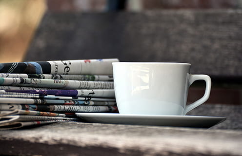 white, ceramic, teacup, saucer, cup, newspapers, magazines, paper stack, press, information, coffee cup, read, break, news, relax, time to happen, read newspaper, education, know, drink, mug, food and drink, refreshment, no people, coffee, coffee - drink, table, selective focus, close-up, hot drink, publication, book, indoors, day, focus on foreground, communication, business, tea cup, crockery, 5K, CC0, public domain, royalty free