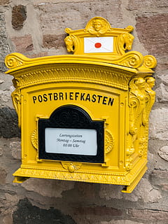 yellow, wooden, mail box, mailbox, post, letter boxes, postbox, letters, box, post mail box, letter box, deutsche post, send, text, communication, western script, no people, architecture, wall - building feature, mail, day, public mailbox, the past, history, built structure, close-up, script, outdoors, letter, non-western script, correspondence, antique, 4K, CC0, public domain, royalty free